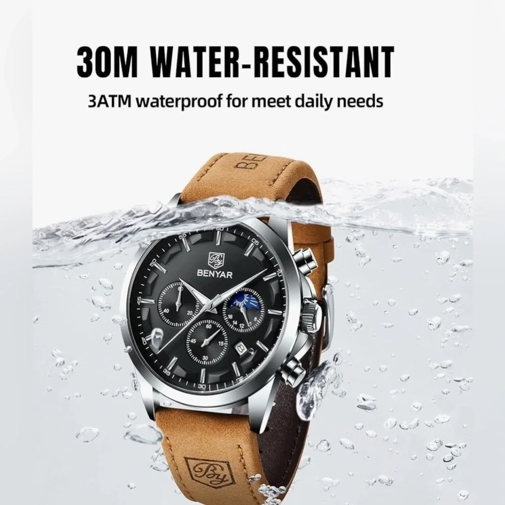Benyar Men's Chronograph Watch - Black Dial Brown Leather Strap